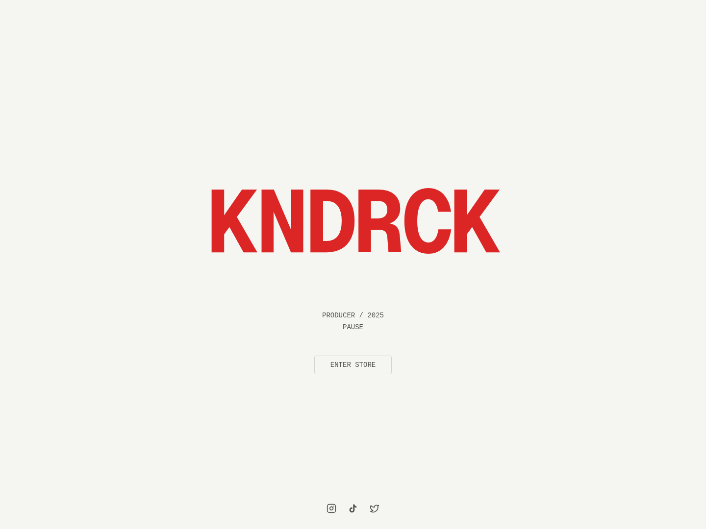 Homepage of KNDRCK, a music producer's website, with a bold red wordmark and an Enter Store call to action